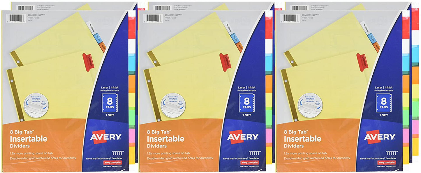 AVERY 8-Tab Binder Dividers for School, Medical Office Supply, or Home Organization, Insertable Multicolor Big Tabs, 6 Sets (11111)