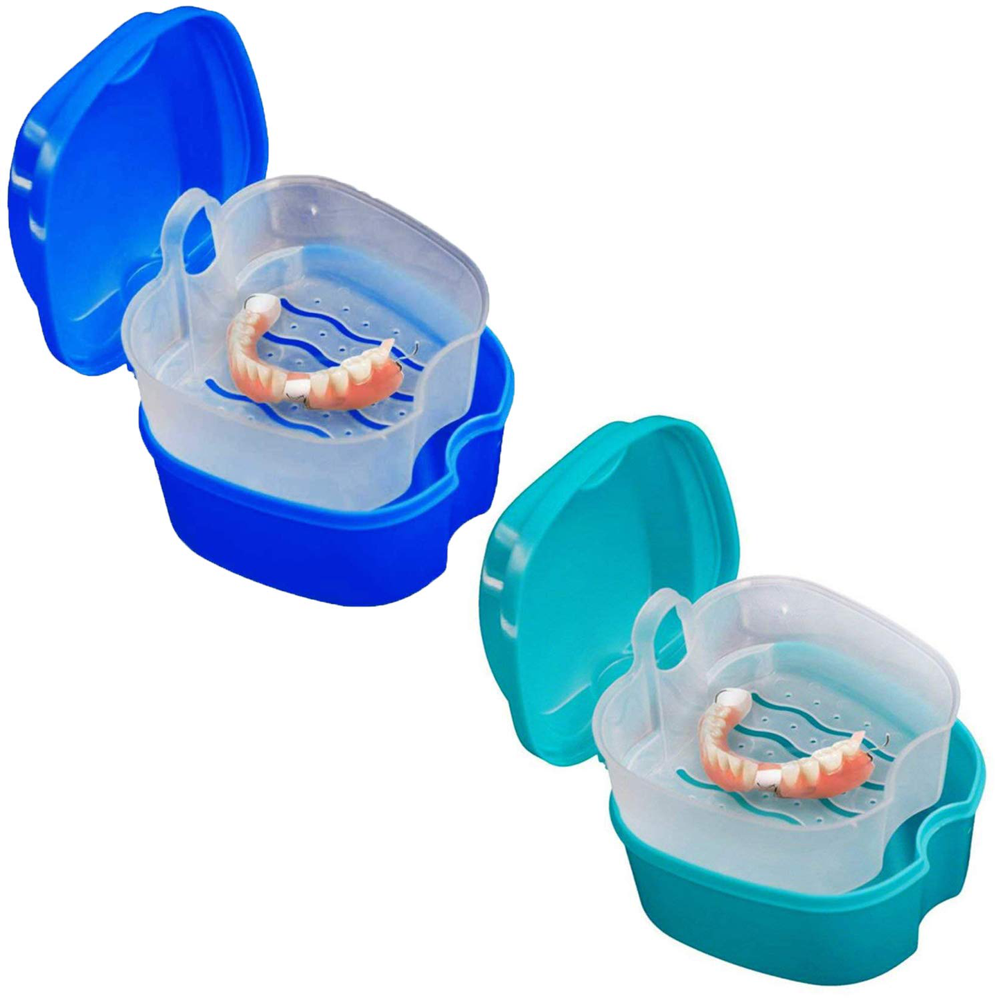 KISEER Denture Bath Case Cup Box Holder Storage Soak Container with Strainer Basket for Travel Cleaning (Blue)