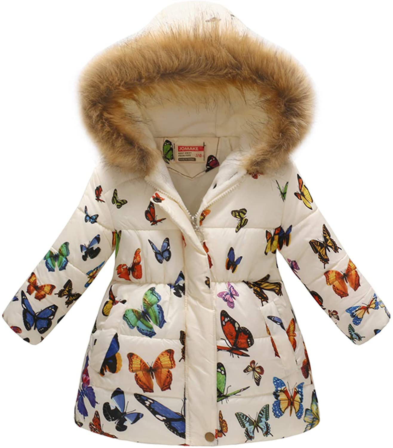 UWBACK Winter Coat for Girls Hooded Floral Print Kids Warm Cotton Parka