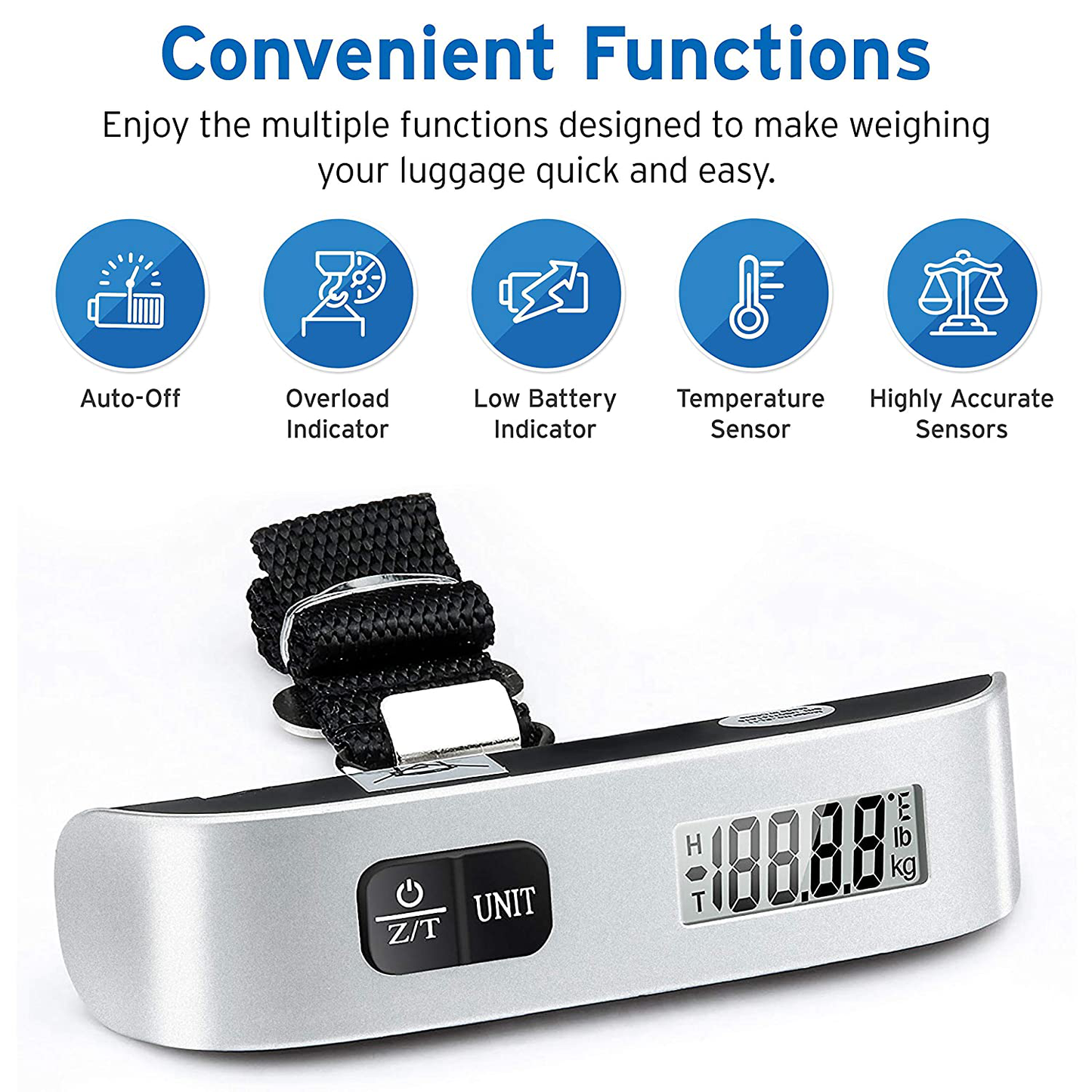Etekcity Luggage Scale, Digital Portable Handheld Suitcase Weight for Travel with Rubber Paint, Temperature Sensor, 110 Pounds, Battery Included