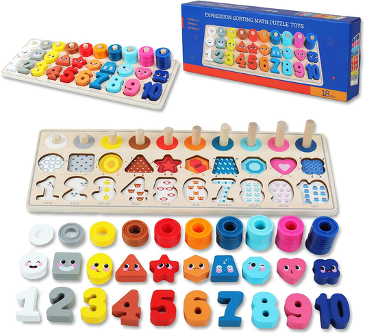 QZMTOY Preschool Educational Learning Montessori Toys for Kids, Toddler Puzzles Number Shape Sorter Counting Stacker with Clock Weather, Boys Girls Activities Math Game Gift for Age 3 4 5 Years