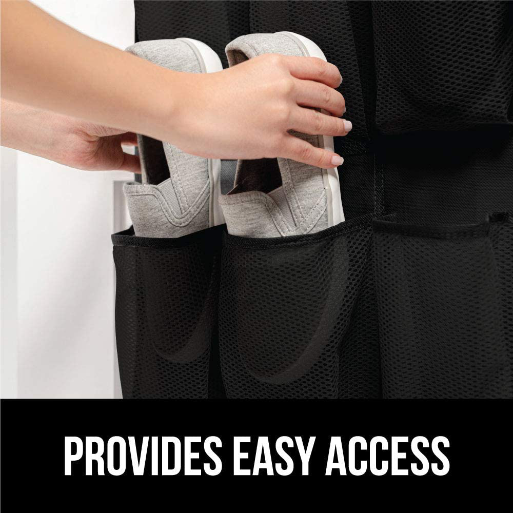 Gorilla Grip Large 24 Pocket Shoe Organizer, Breathable Mesh, Holds Up to 40 Pounds, Sturdy Hooks, Space Saving, Over Door, Storage Rack Hangs on Closets for Shoes, Sneakers or Home Accessories, Black