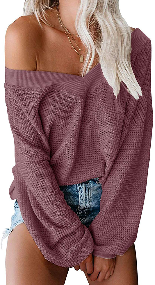 ReachMe Women's Oversized Off Shoulder Pullover Tops Long Sleeve Loose Fit Waffle Knit Tops