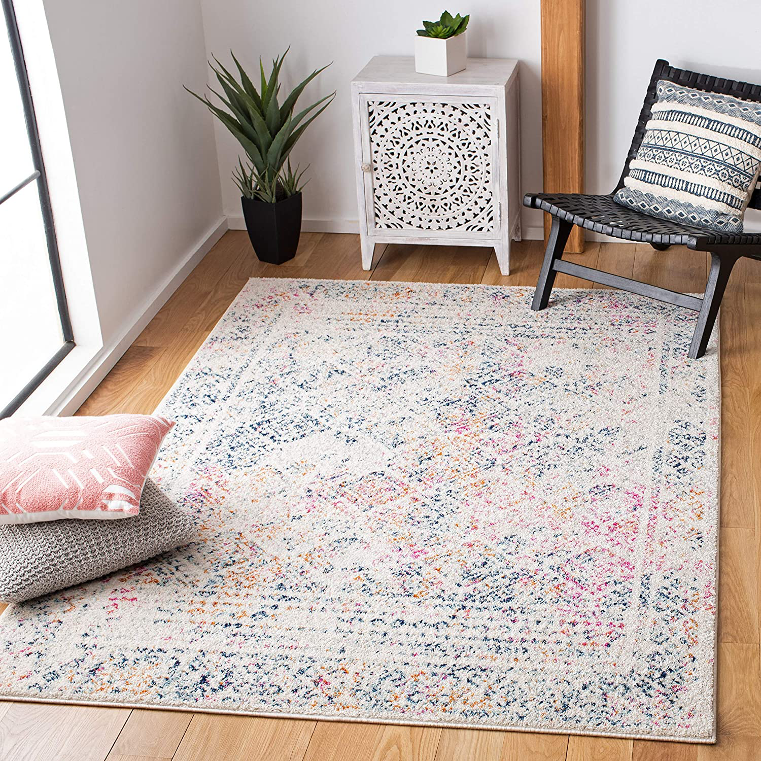 Safavieh Tulum Collection TUL264D Moroccan Boho Distressed Non-Shedding Stain Resistant Living Room Bedroom Area Rug, 3' x 5', Ivory / Dark Blue