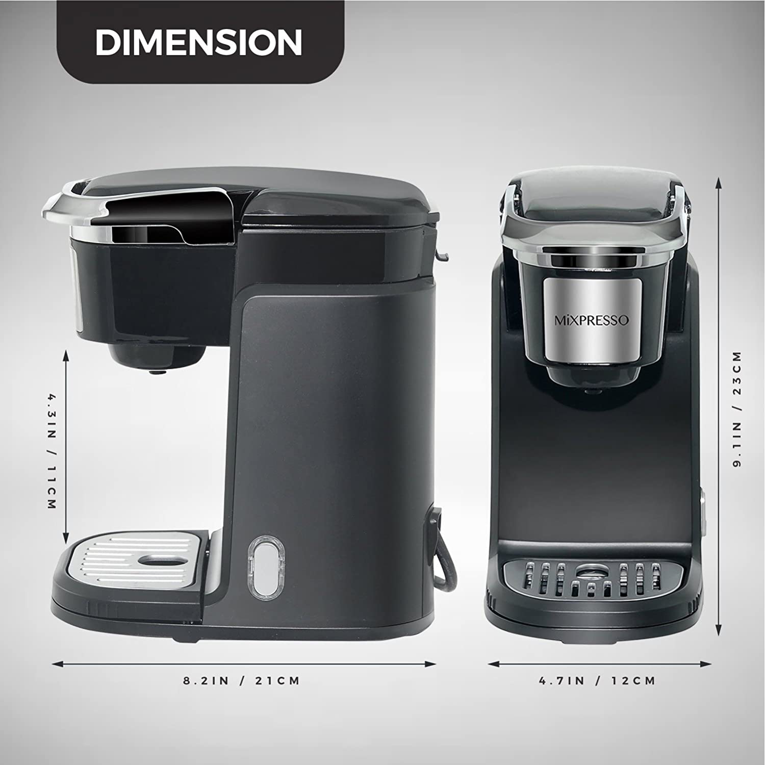 Mixpresso, Single Cup Coffee Maker | Personal Single Serve Coffee Machine, Compatible with KCup | Quick Brew Technology, Programmable Features, One Touch Function (Dark Grey)