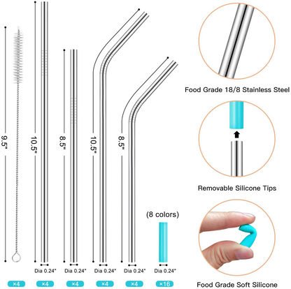 StrawExpert 16 Pack Black Reusable Metal Straws with Silicone Tip & Travel Case & Cleaning Brush,Long Stainless Steel Straws Drinking Straw for 20 and 30 oz Tumbler