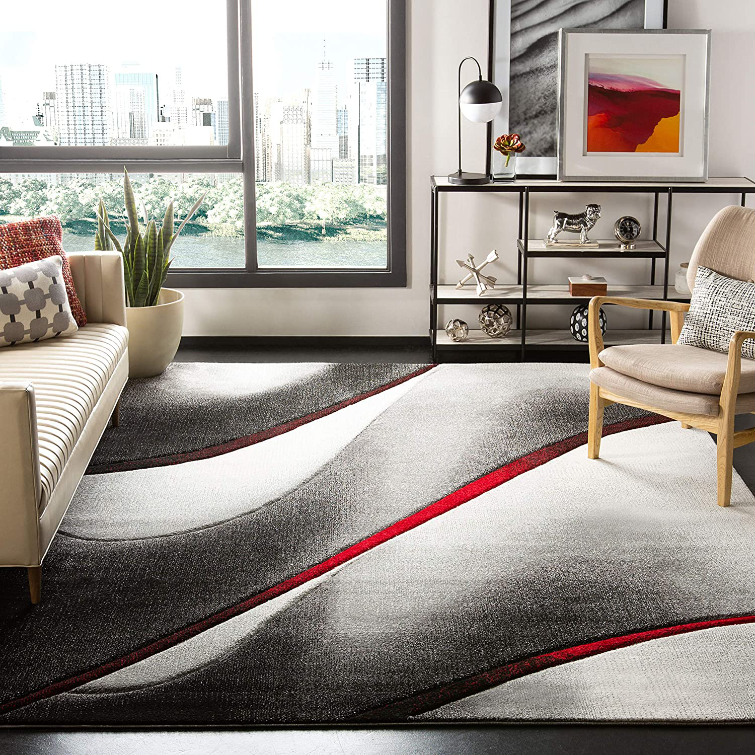 Safavieh Hollywood Collection HLW712F Mid-Century Modern Non-Shedding Stain Resistant Living Room Bedroom Area Rug, 2'7" x 5', Grey / Blue