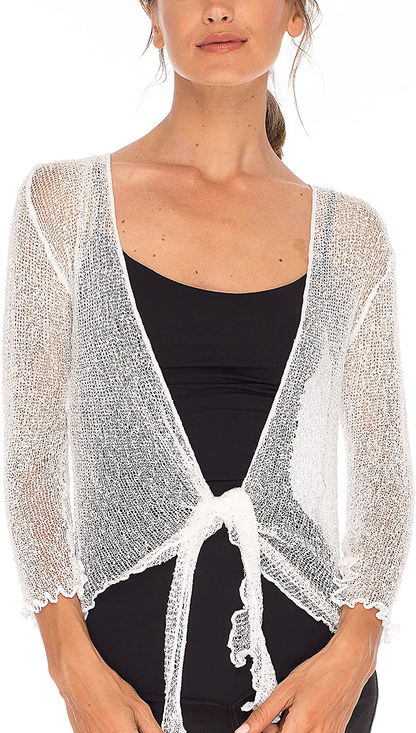 SHU-SHI Womens Sheer Shrug Tie Top Open Front Cardigan Lightweight Knit