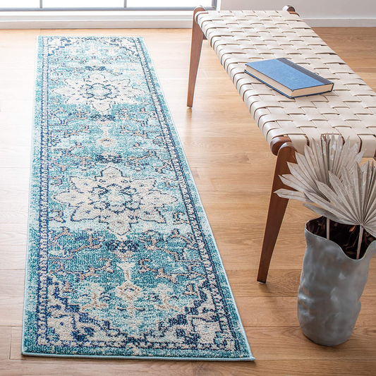Safavieh Madison Collection MAD473K Boho Chic Medallion Distressed Non-Shedding Stain Resistant Living Room Bedroom Area Rug, 2' x 8', Teal / Navy