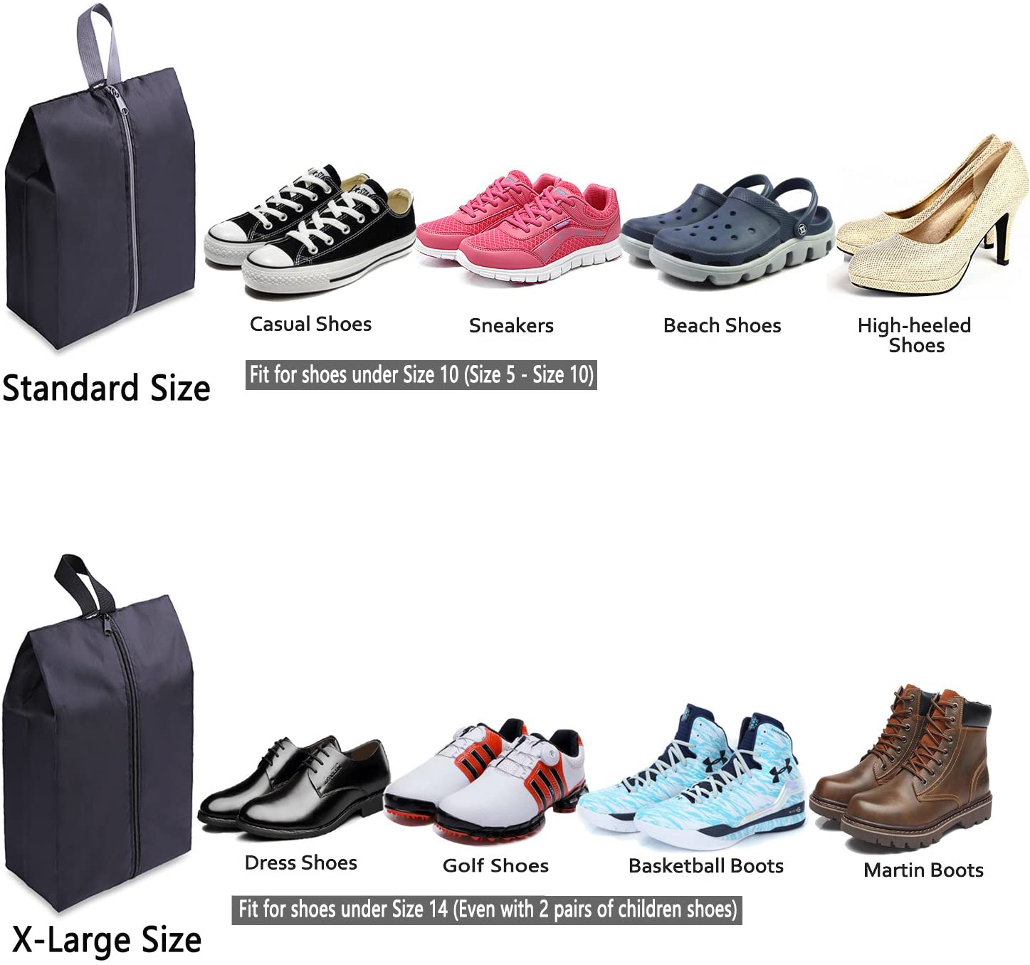 YAMIU Travel Shoe Bags Set of 4 Waterproof Nylon with Zipper for Men & Women, Black