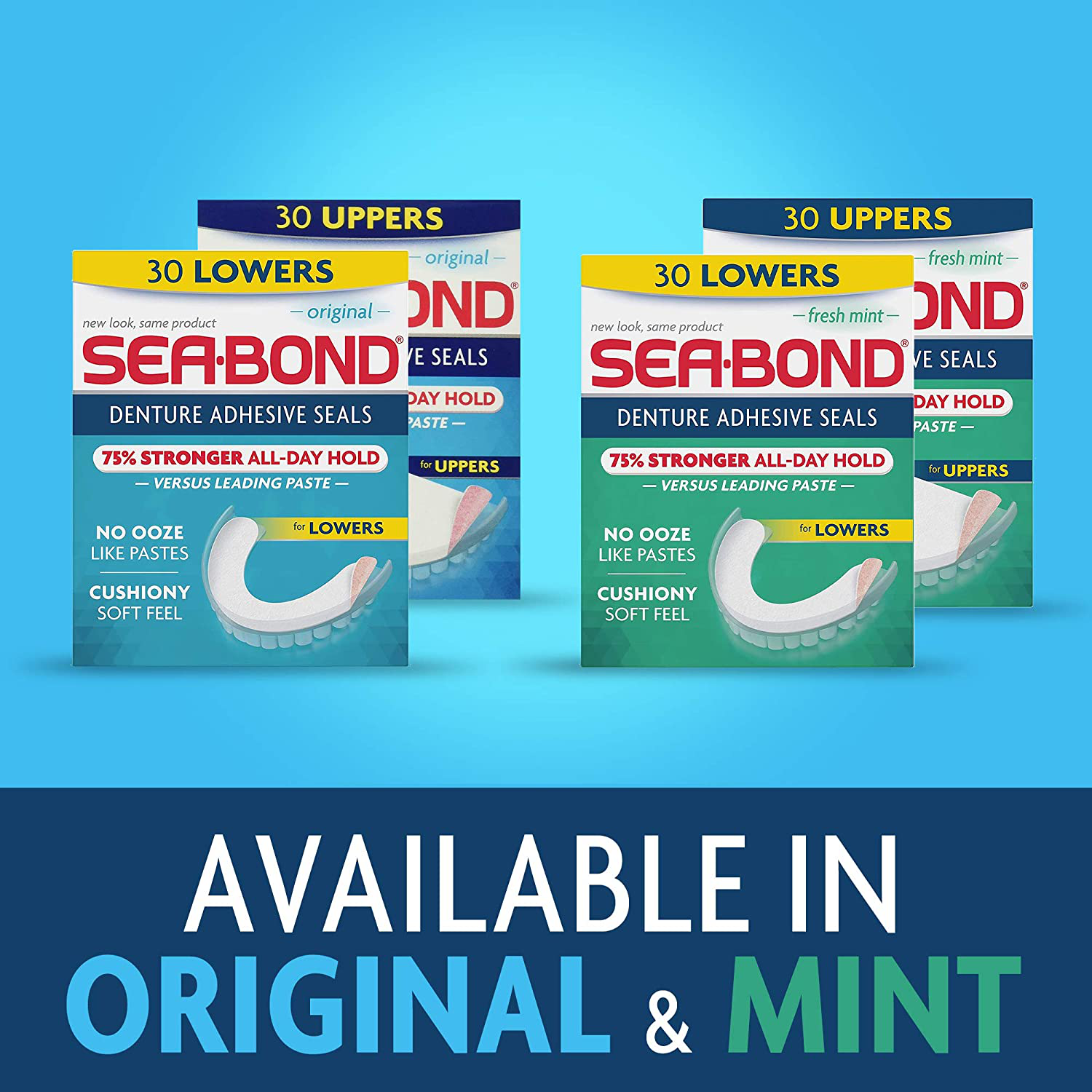 Sea Bond Secure Denture Adhesive Seals Lowers Original, Zinc Free, All Day Hold, Mess Free, 30 Count