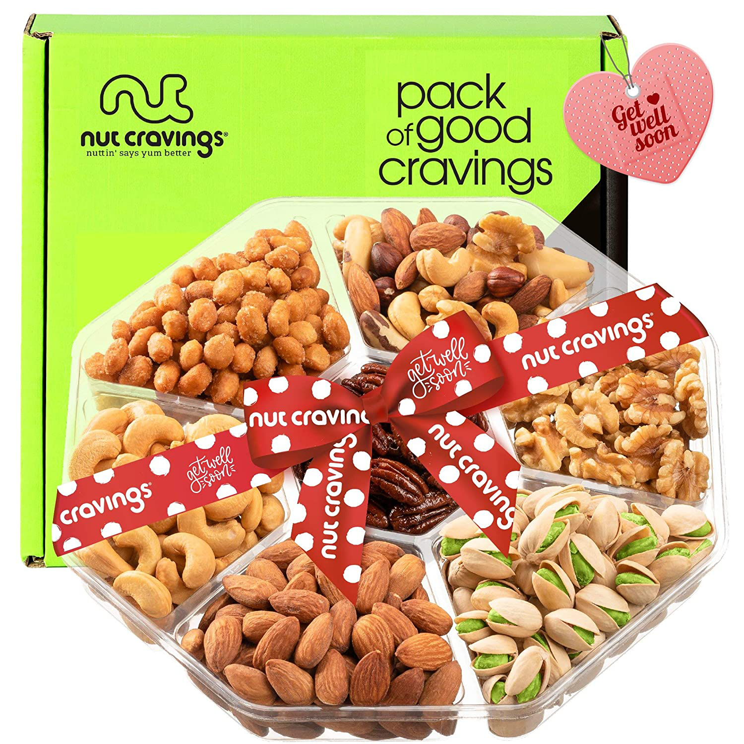 Get Well Soon Gift Basket, Nut Arrangement Platter + Red Ribbon (7 Piece Assortment) Feel Better After Surgery Recovery Care Package Variety, Healthy Food Kosher Snack Box for Women, Men, Adults