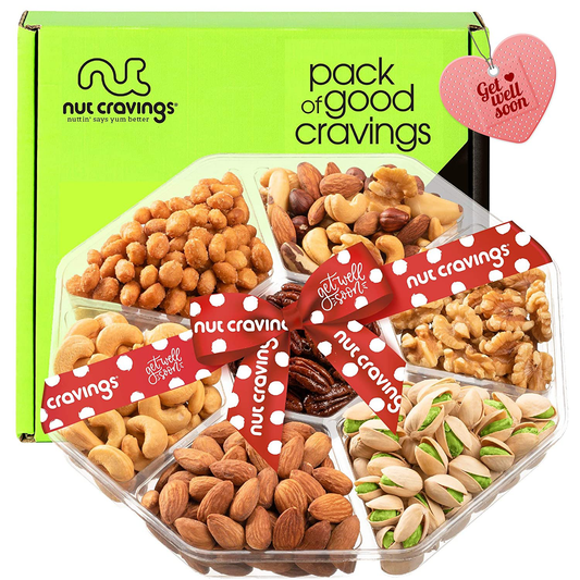 Get Well Soon Gift Basket, Nut Arrangement Platter + Red Ribbon (7 Piece Assortment) Feel Better After Surgery Recovery Care Package Variety, Healthy Food Kosher Snack Box for Women, Men, Adults