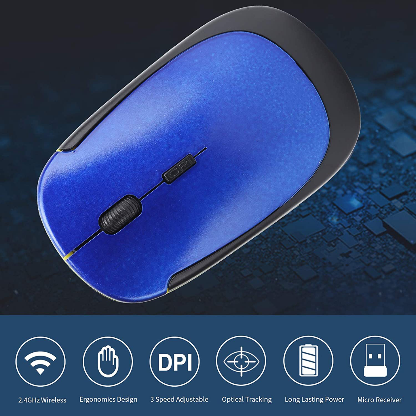 Wireless Mouse 2.4G Wreless Frequency Hopping Adjustable Optical USB Receiver Notebook Computer Accessories 1600dpi Silent Micro Motion Design Lightweight and Portable(Blue)