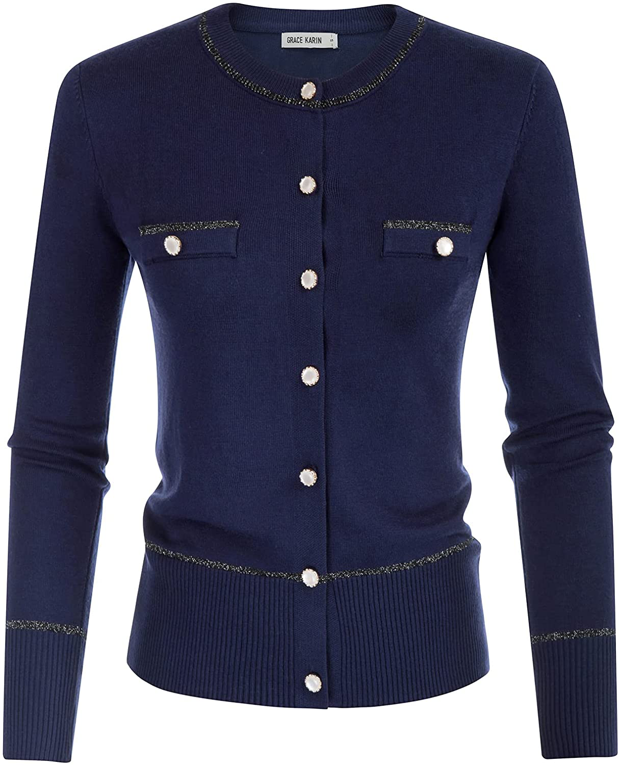 GRACE KARIN Women's Long Sleeve Button Down Crew Neck Classic Sweater Knit Cardigan