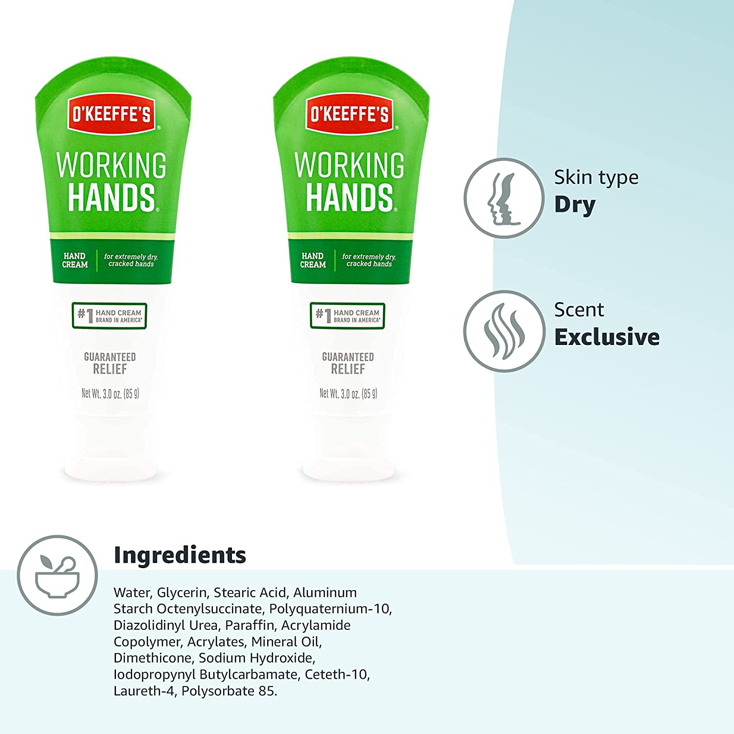 O'Keeffe's Working Hands Hand Cream, 3 ounce Tube, (Pack of 2), K0290007
