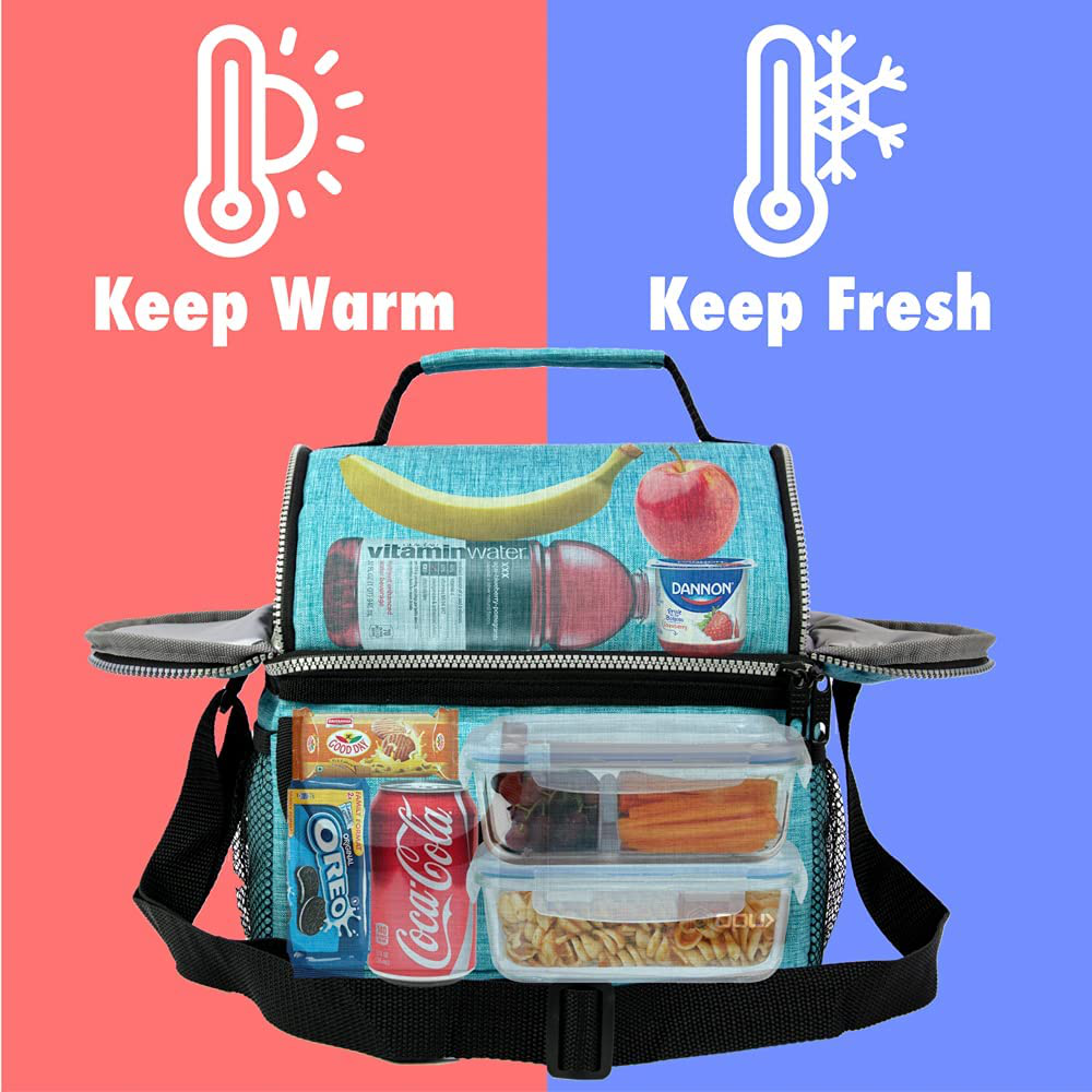 OPUX Insulated Dual Compartment Lunch Bag for Men, Women | Double Deck Reusable Lunch Pail Cooler Bag with Shoulder Strap, Soft Leakproof Liner | Large Lunch Box Tote for Work, School (Green)