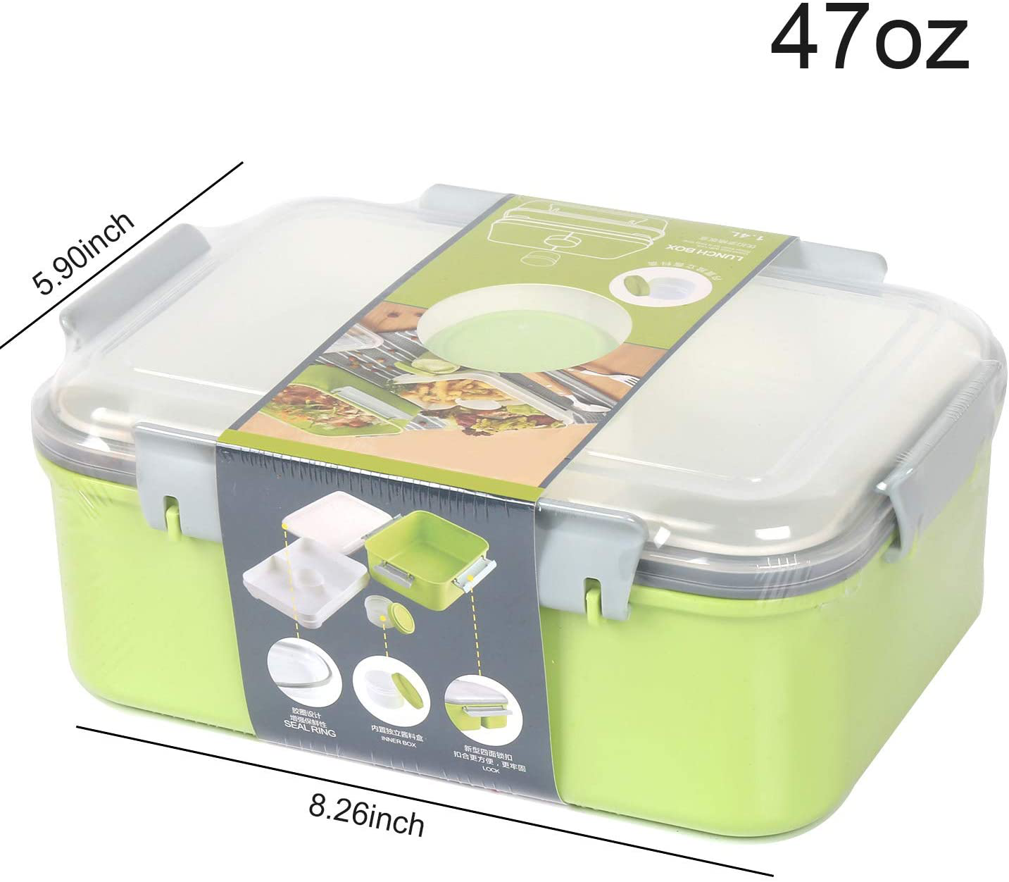 Shopwithgreen Set of 3 Salad Food Storage Container To Go, 47-oz Bento Box with Removable Tray & Dressing Pots, for Lunch, Snacks, School & Travel - Food Prep Storage Containers with Lids