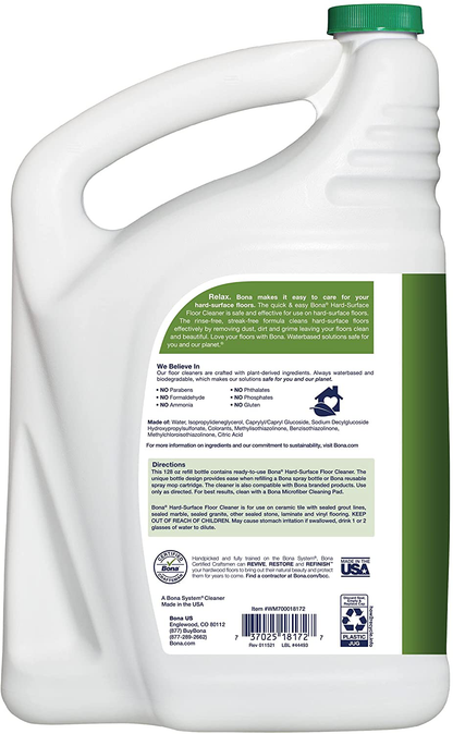 Bona Hard-Surface Floor Cleaner Refill, 128 Fl Oz (Pack of 1), Clear