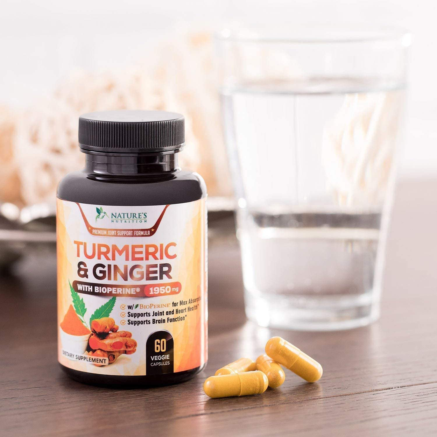 Turmeric Curcumin with BioPerine & Ginger 95% Curcuminoids 1950mg - Black Pepper for Absorption, Made in USA, Natural Immune Support, Turmeric Ginger Supplement by Natures Nutrition - 60 Capsules