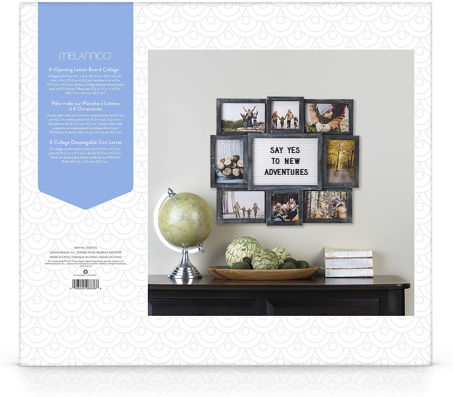 Melannco Customizable Letterboard 8-Opening Photo Collage, 19 x 17 inch,Distressed Black