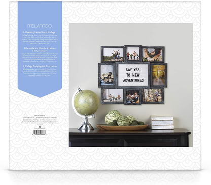 Melannco Customizable Letterboard 8-Opening Photo Collage, 19 x 17 inch,Distressed Black