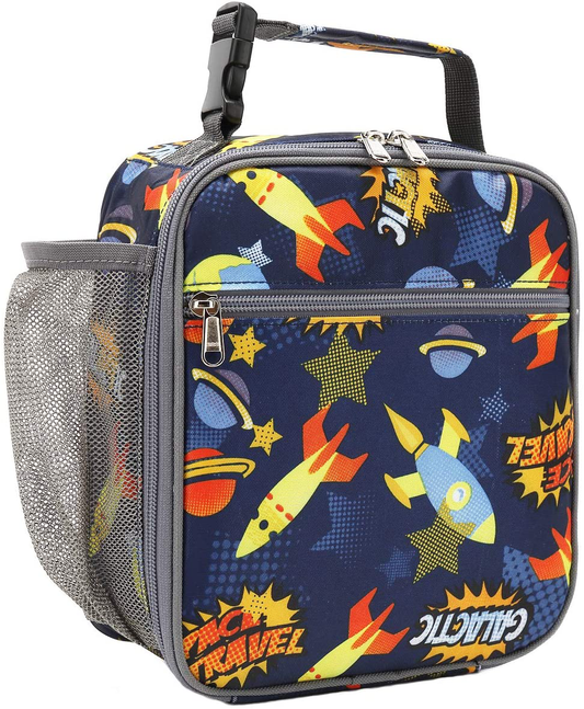 FlowFly Kids Lunch box Insulated Soft Bag Mini Cooler Back to School Thermal Meal Tote Kit for Girls, Boys, Space