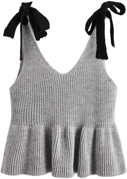 SweatyRocks Women's Casual Knit Top Sleeveless Ruffle Hem V Neck Peplum Crop Tank Top