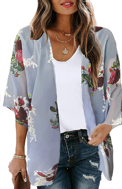 Women's Floral Print Puff Sleeve Kimono Cardigan Loose Cover Up Casual Blouse Tops