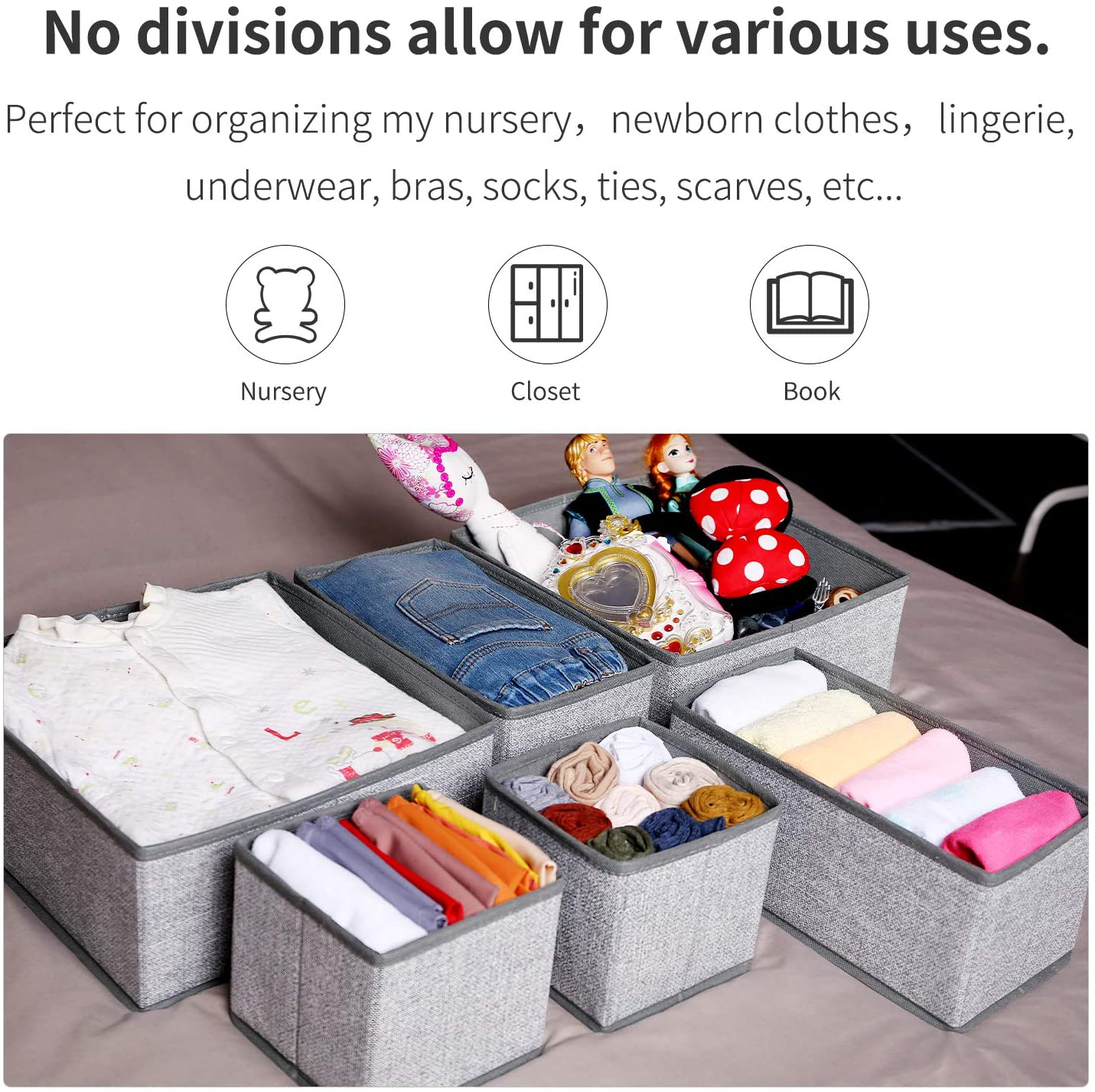 Criusia Underwear Drawer Organizer, 6 Set Foldable Underwear Drawer Organizer and Closet Dividers,Storage Box for Clothes, Socks, Underwear (6 Bins, Gray)