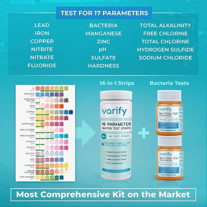 17 in 1 Premium Drinking Water Test Kit - 100 Strips + 2 Bacteria Tests - Home Water Quality Test - Well and Tap Water - Easy Testing for Lead, Bacteria, Hardness, Fluoride, pH, Iron, Copper and more!