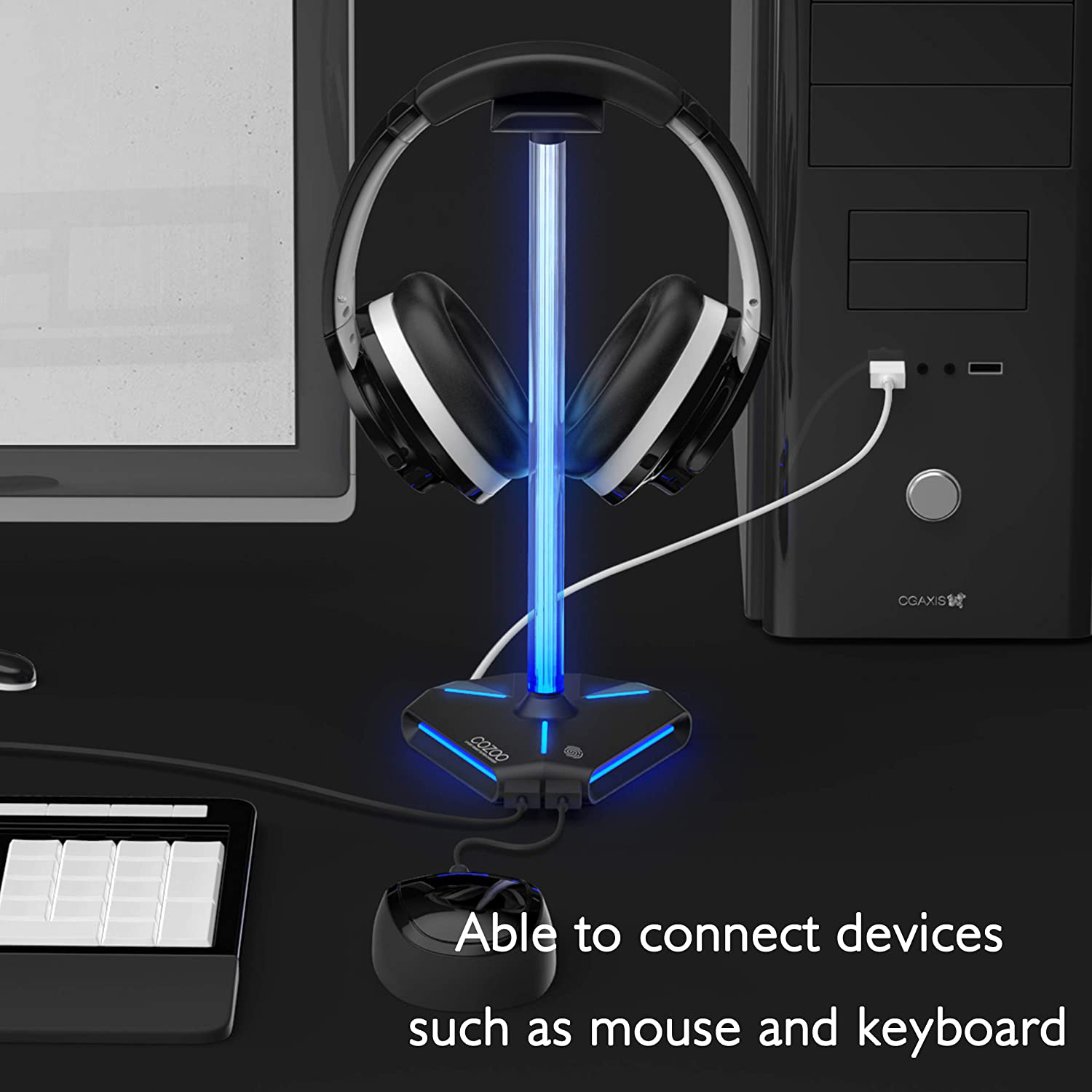 COZOO RGB Headphone Stand with 2 USB2.0 Extension Charging Port Extender Cord,Headset Stand Holder for Gamer Desktop Table Game Earphone Accessories