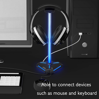 COZOO RGB Headphone Stand with 2 USB2.0 Extension Charging Port Extender Cord,Headset Stand Holder for Gamer Desktop Table Game Earphone Accessories