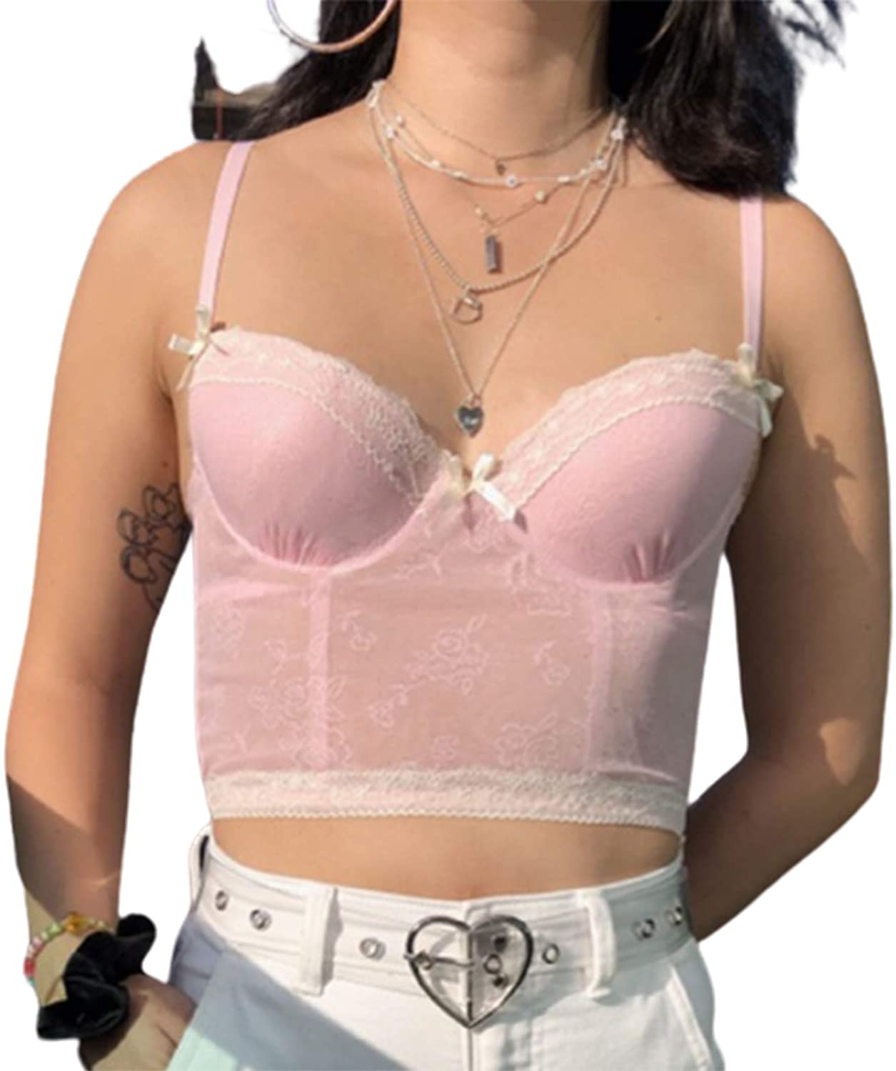 Women Y2K Cropped Tank Tops Sexy V Neck Spaghetti Strap Crop Top Lace Cami Shirt Sleeveless Patchwork Camisole