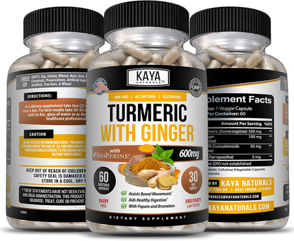 Turmeric Ginger Supplement - Vegan Joint Support with Ginger & Bioperine for High Absorption - 60 Capsule
