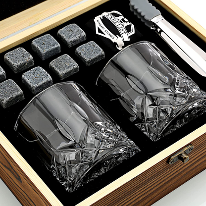 Whiskey Stones Gift Set - Whiskey Glass Set of 2 - Stainless Steel Chilling Whiskey Cubes - Scotch Bourbon Whiskey Glass Gift Box Set - Best Drinking Gift for Men Dad Husband Birthday Holiday Present