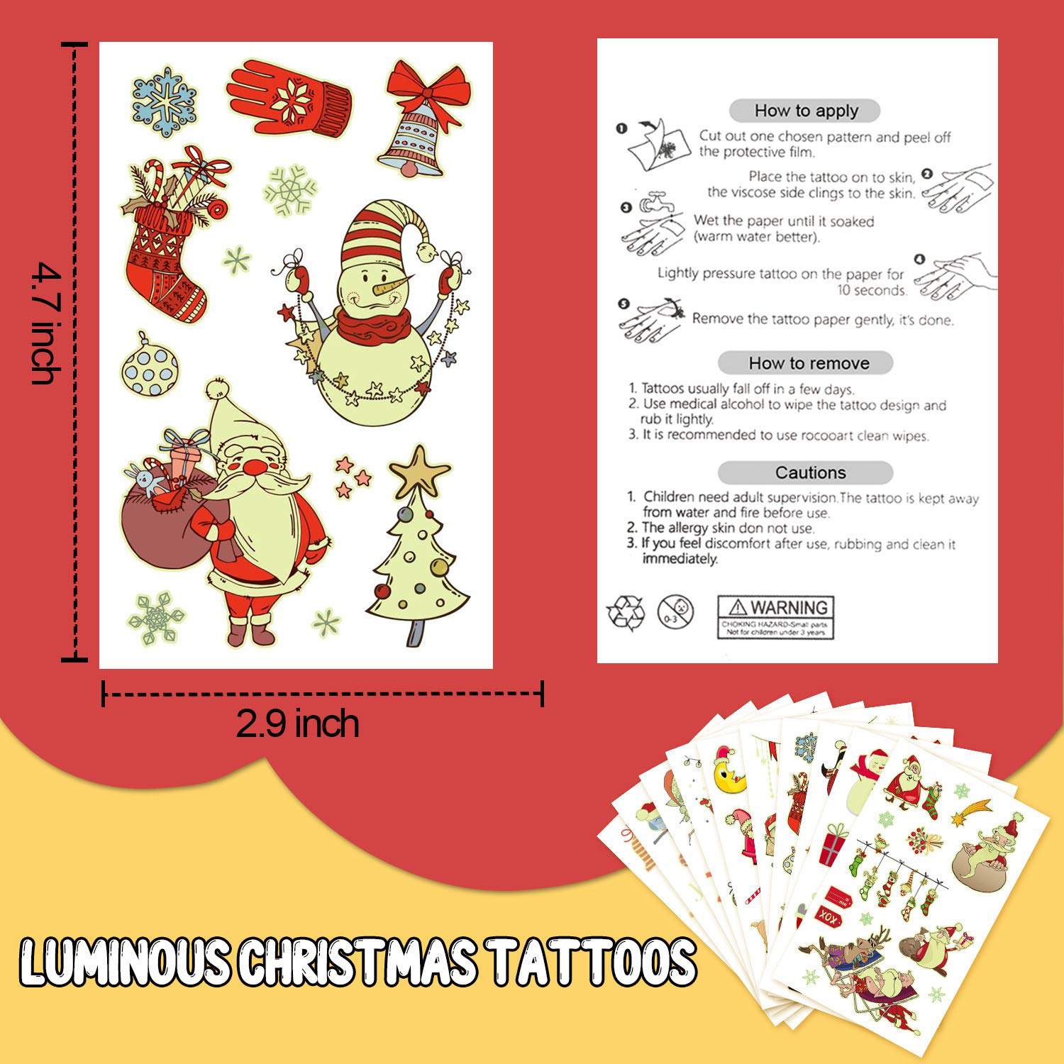 Partywind 10 Sheets Luminous Christmas Temporary Tattoos for Kids Stocking Stuffers, Christmas Party Decorations Supplies Favors for Birthday Party, Xmas Holiday Stickers Games for Boys and Girls