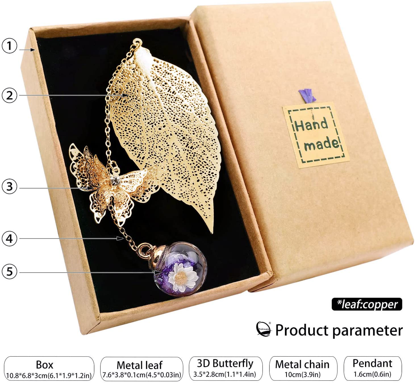Metal Leaf Bookmark with 3D Butterfly Pendant