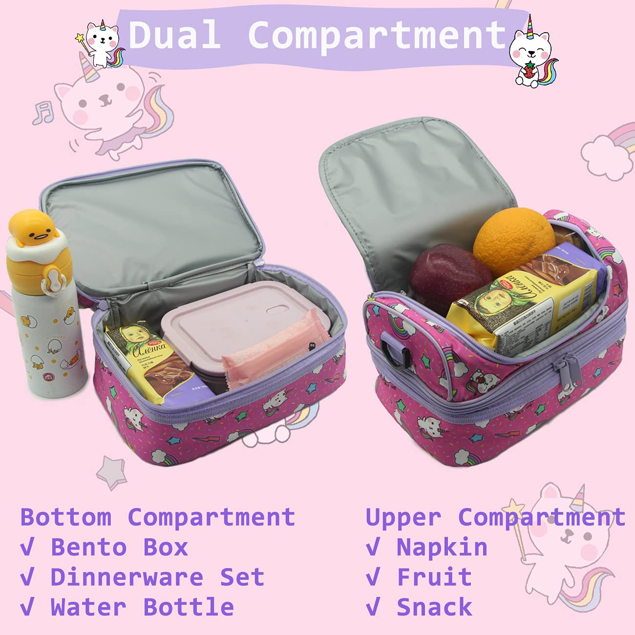 Lunch Bag for Girls,ChaseChic Insulated Lunch Boxes Bag for Kids Lightweight Lunch Organizer Leak-Proof Cooler Bag in Dual Compartment with Detachable Adjustable Shoulder Strap 3-18Years,Pink Cat