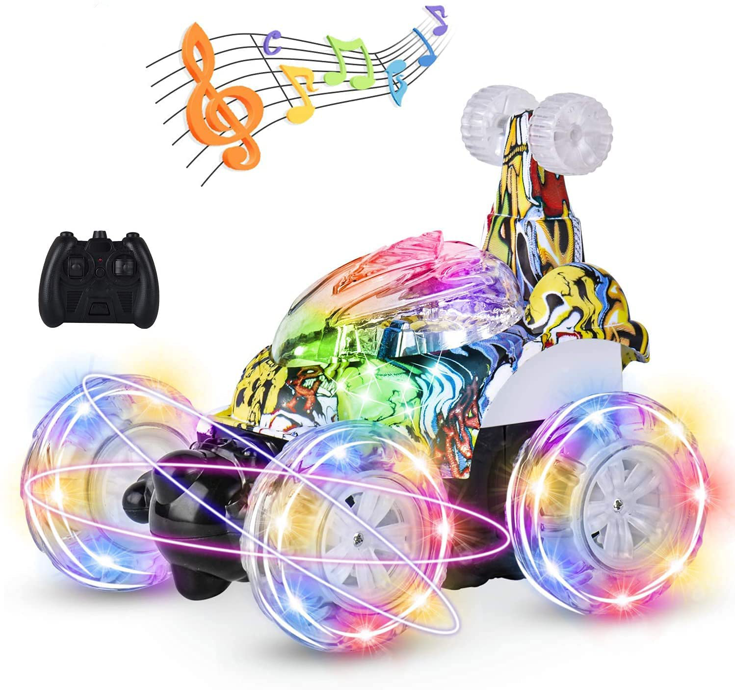 Kizeefun Remote Control Car, RC Stunt Car Invincible 360°Rolling Twister with Colorful Lights & Music Switch, Rechargeable Remote Control Car for Boys and Girls
