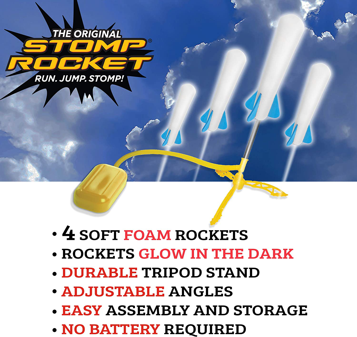 Stomp Rocket The Original Jr. Glow Rocket Refill Pack, 3 Rockets - Glows in The Dark, Outdoor Rocket Toy Gift for Boys and Girls- Ages 3 Years and Up