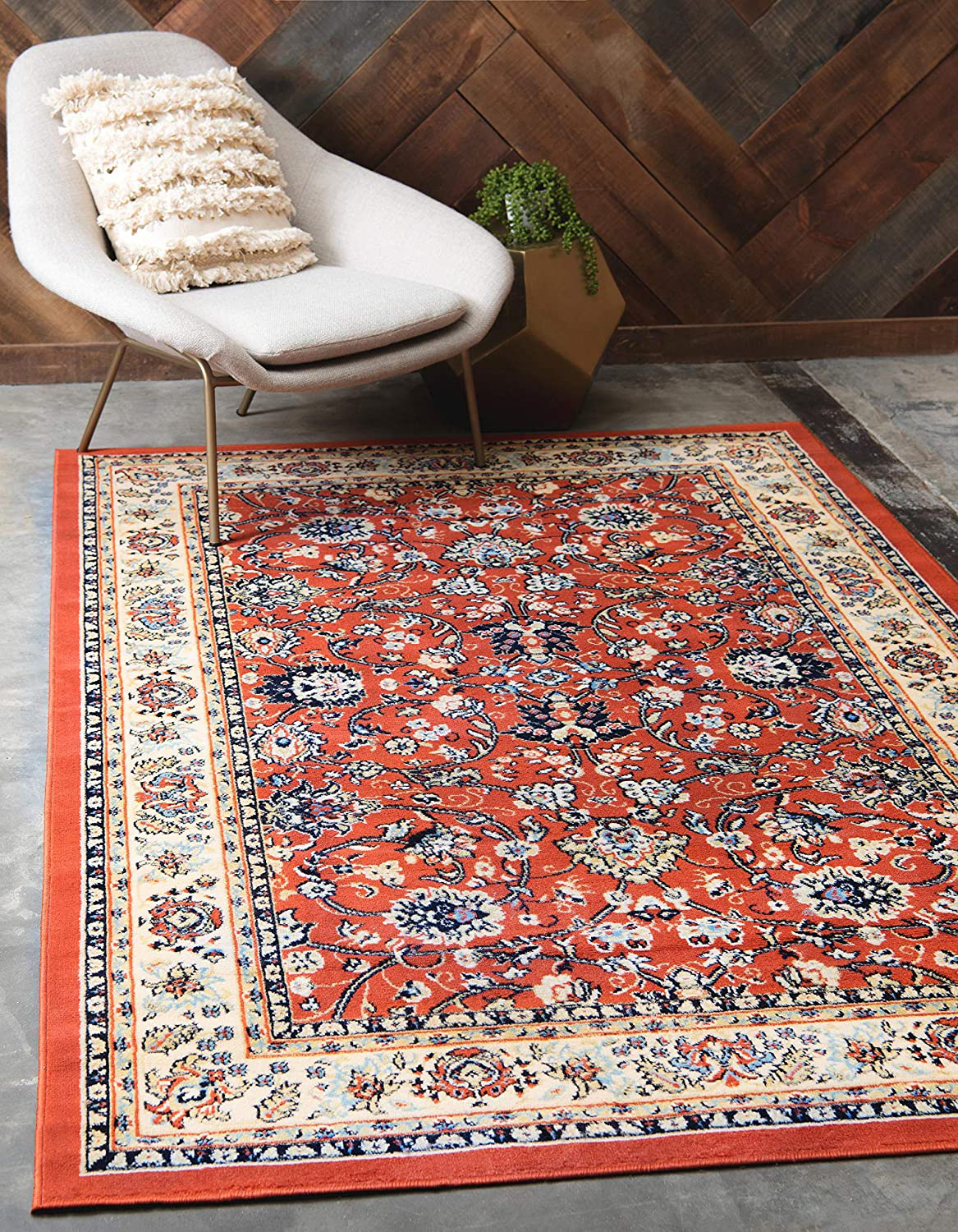 Unique Loom Kashan Traditional Floral Area Rug, 4 x 6 Feet, Terracotta/Ivory