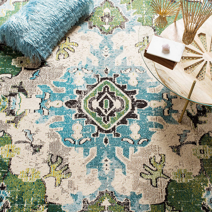 Safavieh Monaco Collection MNC243H Boho Chic Medallion Distressed Non-Shedding Dining Room Entryway Foyer Living Room Bedroom Area Rug, 5' x 5' Round, Orange / Light Blue