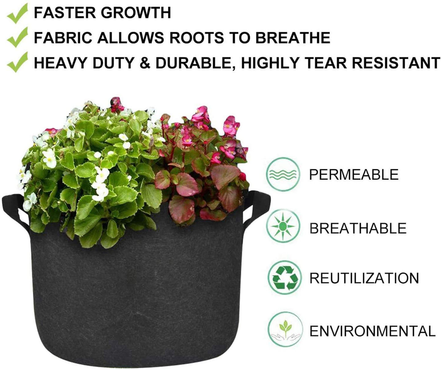 5 Pack Premium Grow Bags Heavy Duty Thickened Non-woven Plant Fabric Pots with Handles