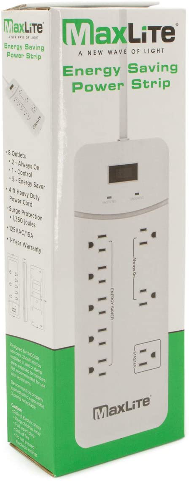 MaxLite 8 Outlet Energy Saving Power Strip with Surge Protection, 4" Heavy Duty Cord, 1 Control Outlet
