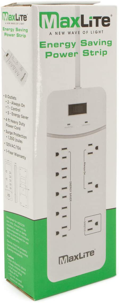 MaxLite 8 Outlet Energy Saving Power Strip with Surge Protection, 4" Heavy Duty Cord, 1 Control Outlet