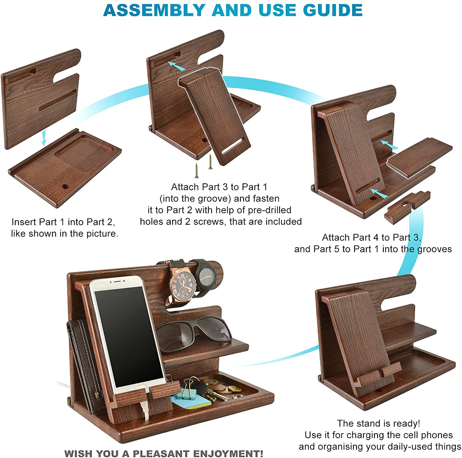 TESLYAR Wood Phone Docking Station Ash Key Holder Wallet Stand Watch Organizer Men Gift Husband Wife Anniversary Dad Birthday Nightstand Purse Father Graduation Male Travel Idea Gadgets (Brown)