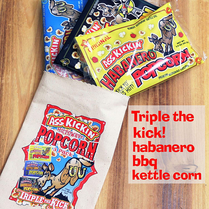ASS KICKIN’ Premium Microwave Popcorn – Popcorn Variety Pack (3) in Canvas Bag - Ultimate Sweet and Spicy Gourmet Gift - Makes a Great Movie Theater Popcorn or Snack Food for Movie Night
