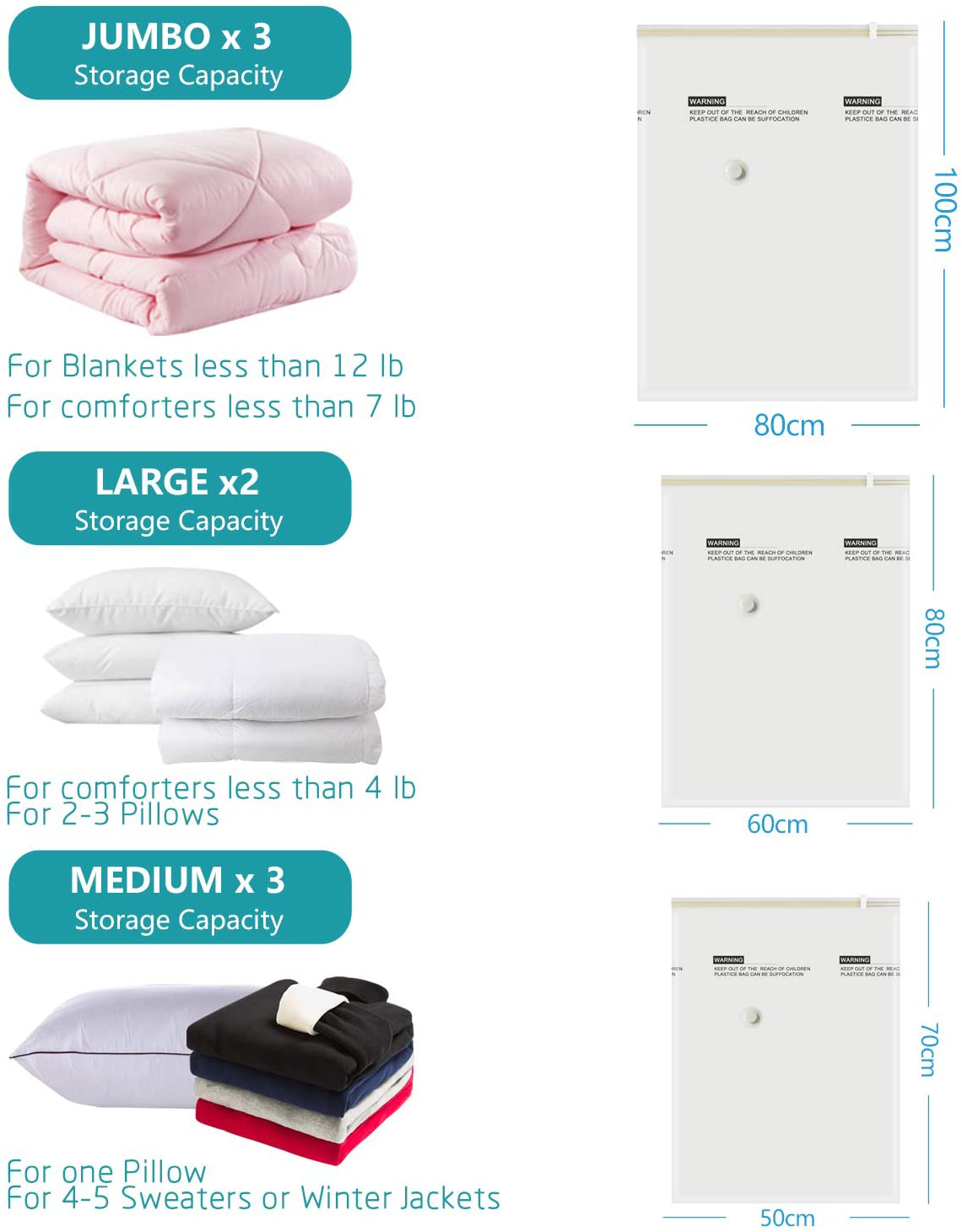 AirBaker Vacuum Storage Bags 8 pcs (3 x Jumbo, 2 x Large, 3 x Medium) for Comforters Blankets Clothes Pillows Travel Space Saver Seal Bag Hand Pump Included