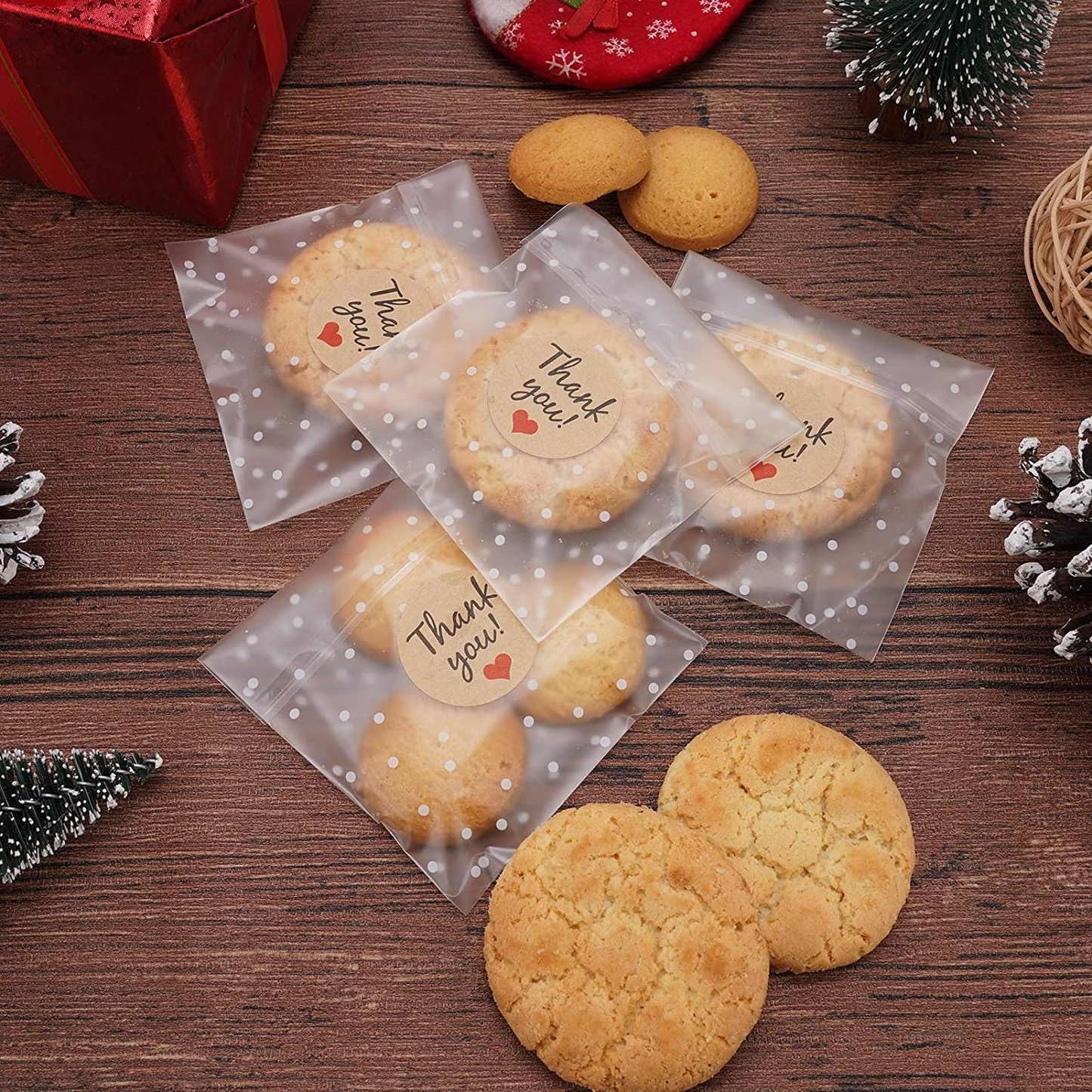 Self Adhesive Cookie Bags Treat Bags, Resealable Cellophane Bags, White Polka Dot Individual Cookie Bags with Thank You Stickers for Gift Giving